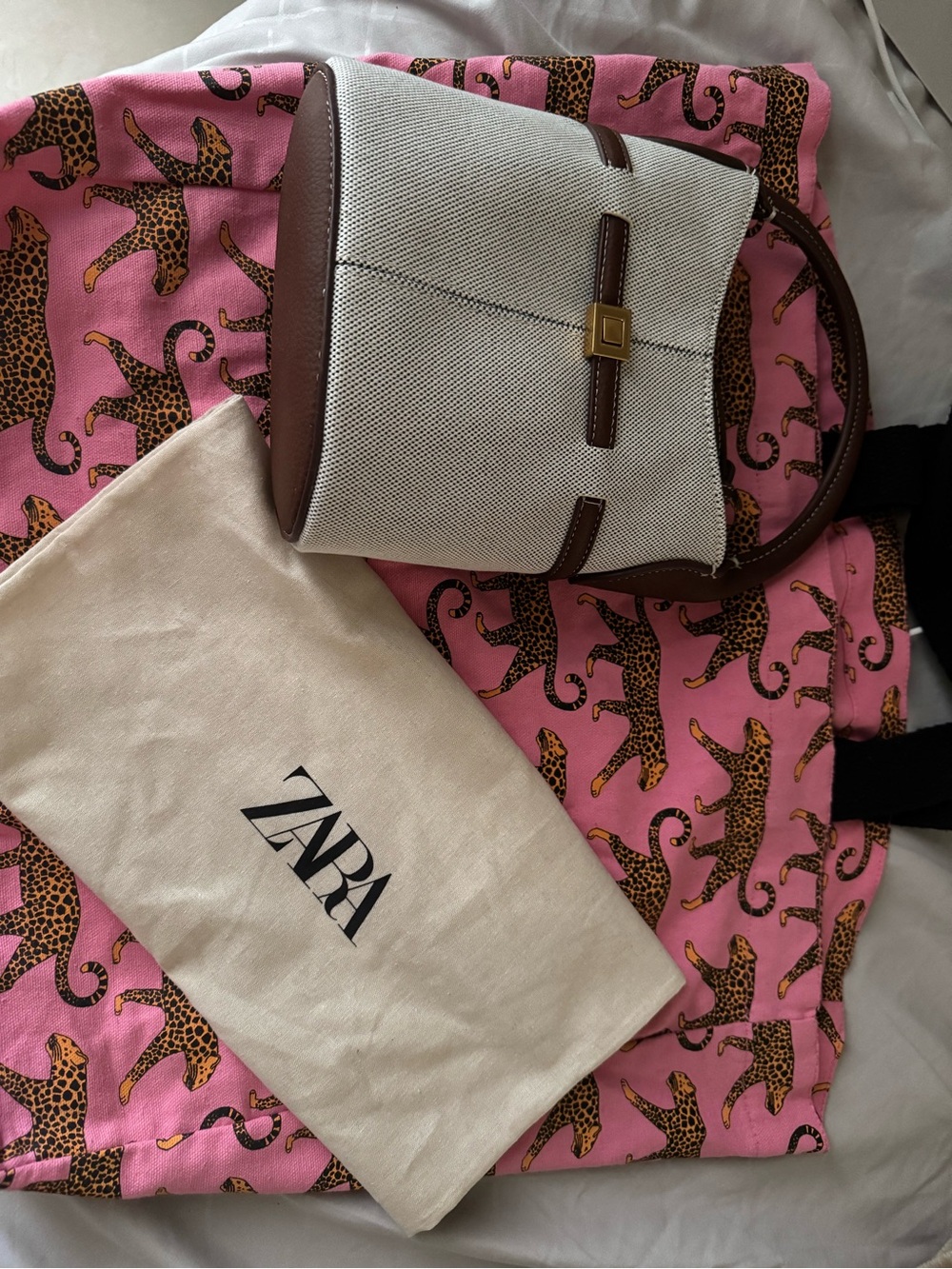 ZARA Cream Canvas and Brown Leather Bucket Shoulder Bag